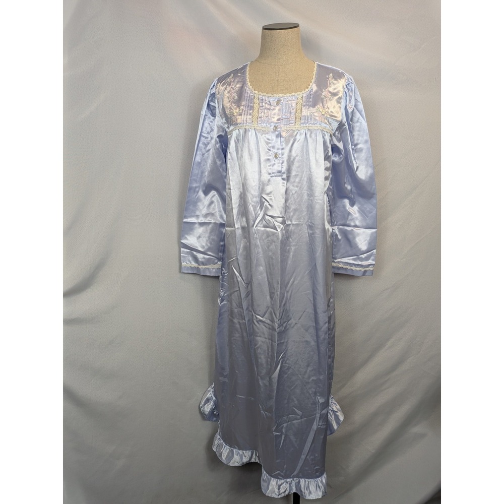 Vintage Fundamentals Sears Nightgown Womens Small Blue Satin‎ Floral Lace Long S
